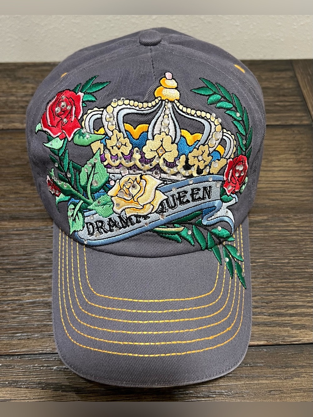 Y2K Vintage Classic Jolly Roger "Drama Queen" Rhinestone Crown Baseball Cap Gray